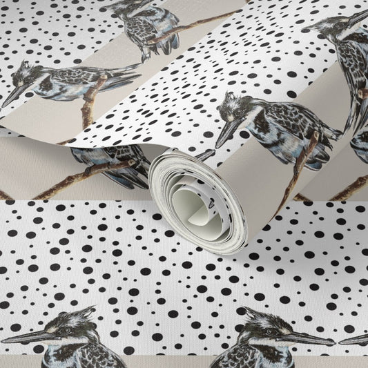 Whimsical wallpaper design featuring pied kingfisher birds in a soft beige and neutral palette