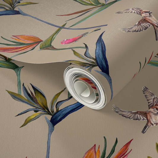 Hand-painted birds among hand drawn strelitzia wallpaper design